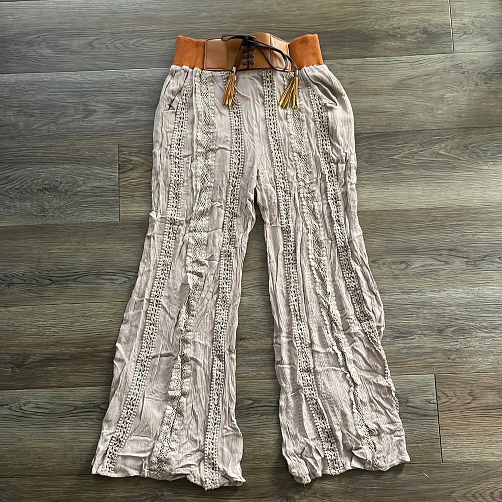 Onetheland Purple Crinkle Fabric Flowy Pant with Rust Orange Thick Waist Sz M